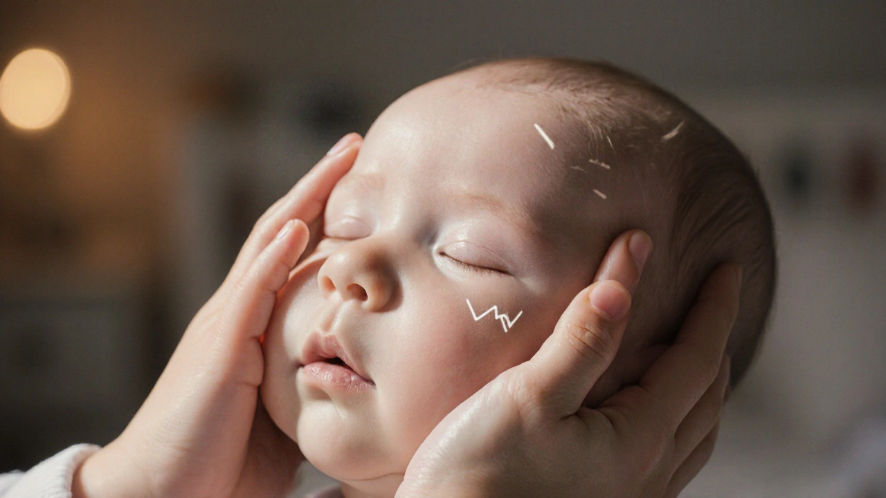 Blízky pohľad na ruky masírujúce tvár a čelo novorodenca jemnými krúživými pohybmi.