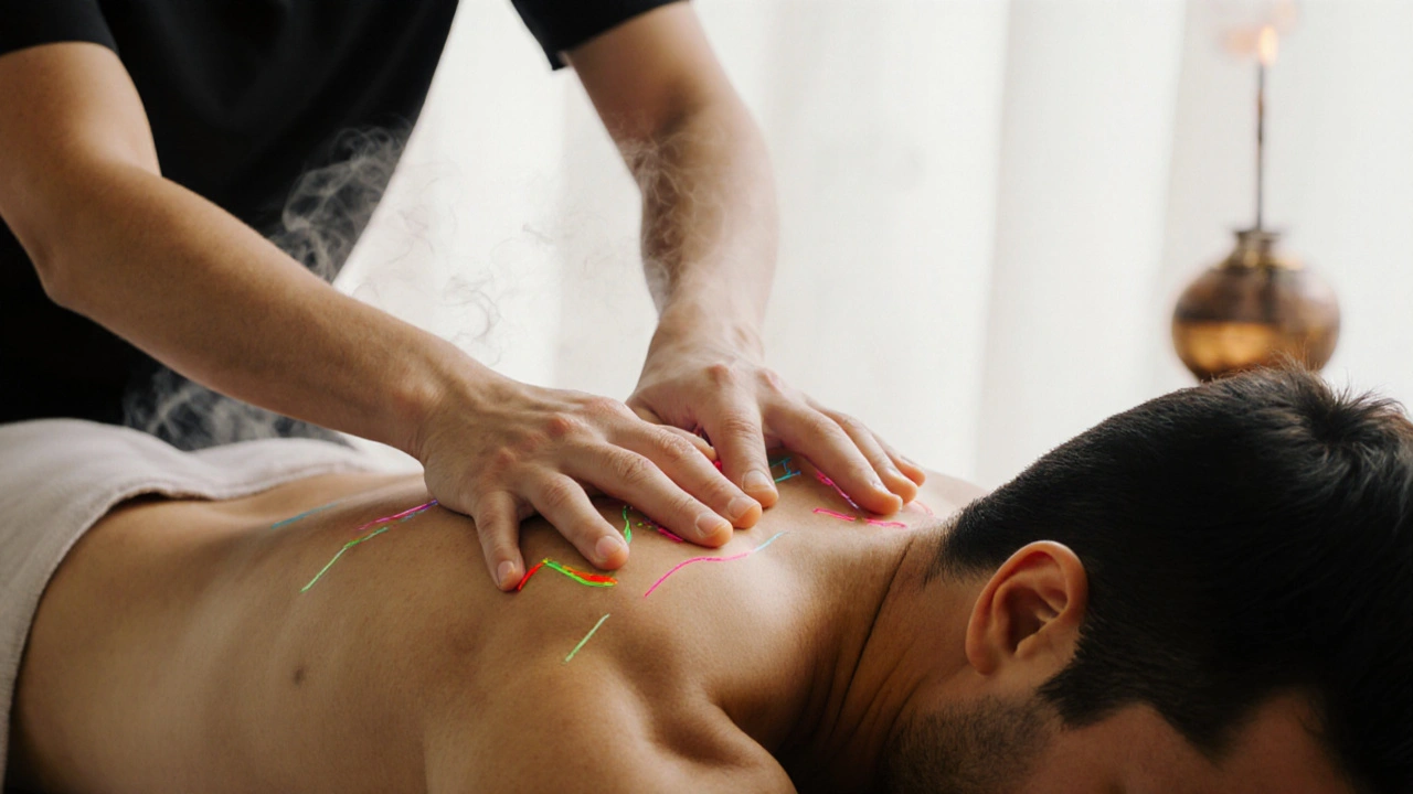 Detail ruky maséra aplikujúceho tlak na chrbtové energetické línie počas thajskej masáže.