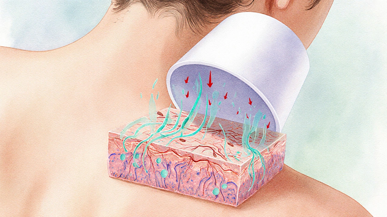 Detailná ilustrácia pokožky s baňkami, ukazujúca rozšírené kapiláry a lymfatický tok.