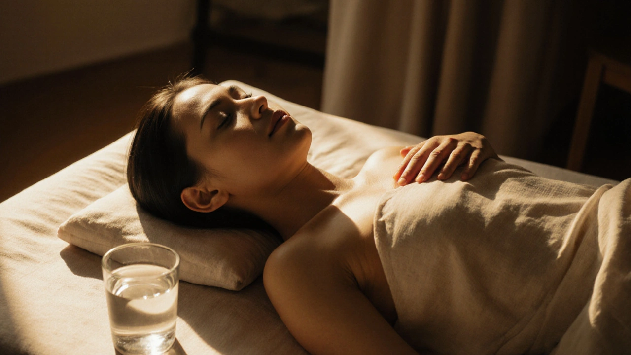 Klient po thajskej masáži, spočinutý v pokoji, hlboko dýcha, cíti uvoľnenie.