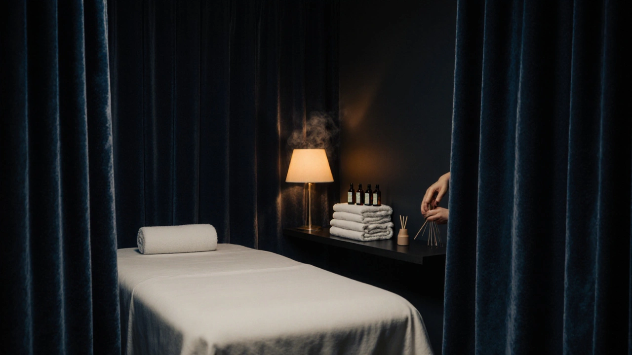 Privátna izba so zatvorenou záclonou, masážnym stolom a bio olejmi.