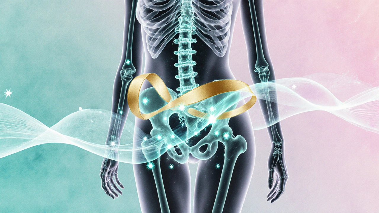 Silueta ženy s dvanástimi svietiacimi bodmi a zlatým prúdom oleja v panvovej oblasti.