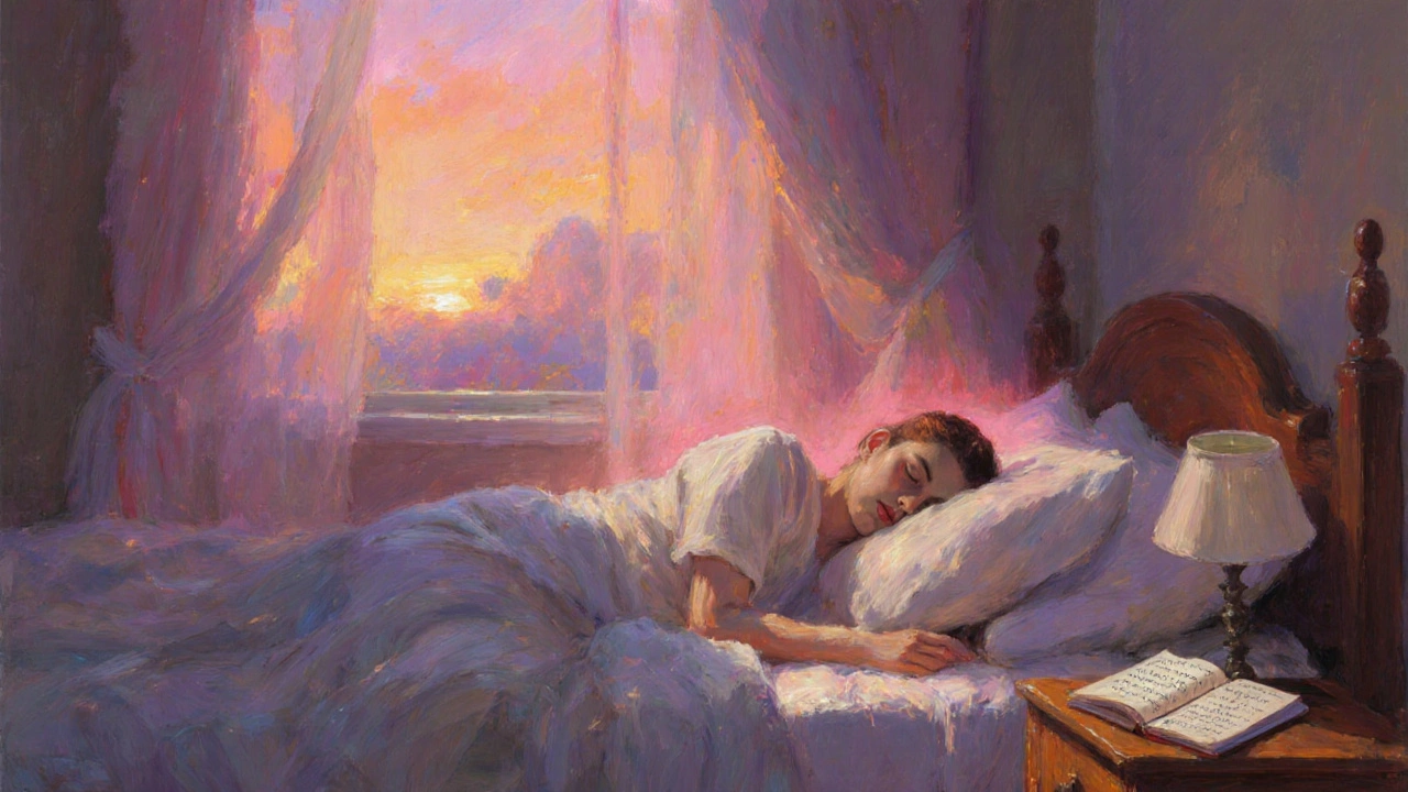 Spící človek v posteli pri východe slnka, okolo neho pokojná aura.