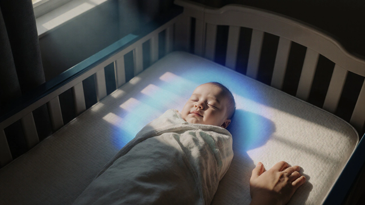Spokojné bábätko spí v postieľke, obklopené tichým svetlom a pokojnou atmosférou.