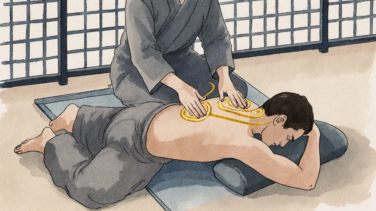 Terapeut Shiatsu stláča body klienta, zobrazene prúdenie energie.