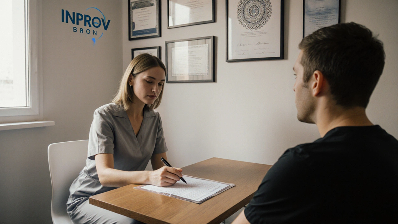 Terapeutka a klient podpisujú súhlas; na stene certifikáty a diplomy.