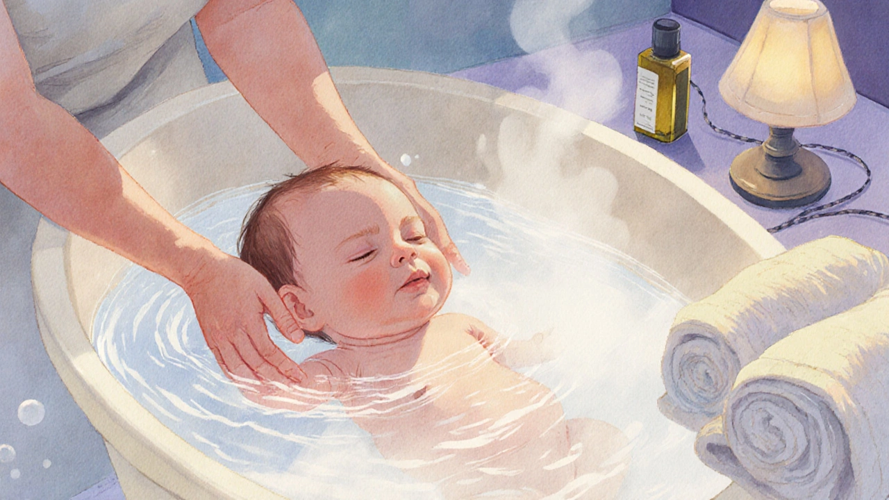 Dieťa sa kúpe v teplej vode, rodič ho podporuje v rukách.