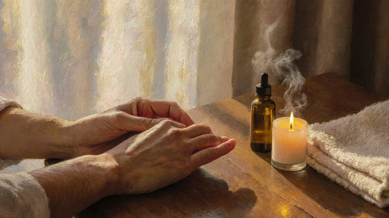 Dve ruky spojené na stole s olejom a sviečkou — tichá, bezslovná blízkosť.