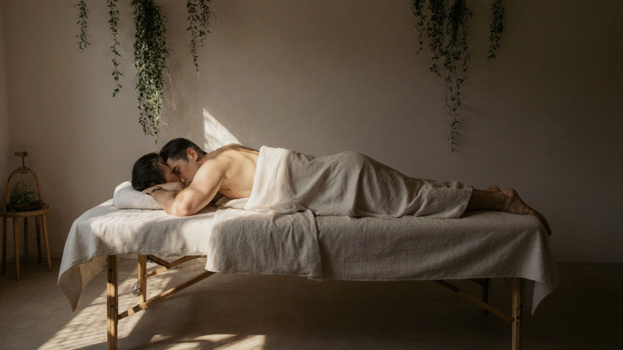 Dvojica leží zá sphere na masážnej doske, pokojne a bez dotyku, iba dych a prítomnosť.