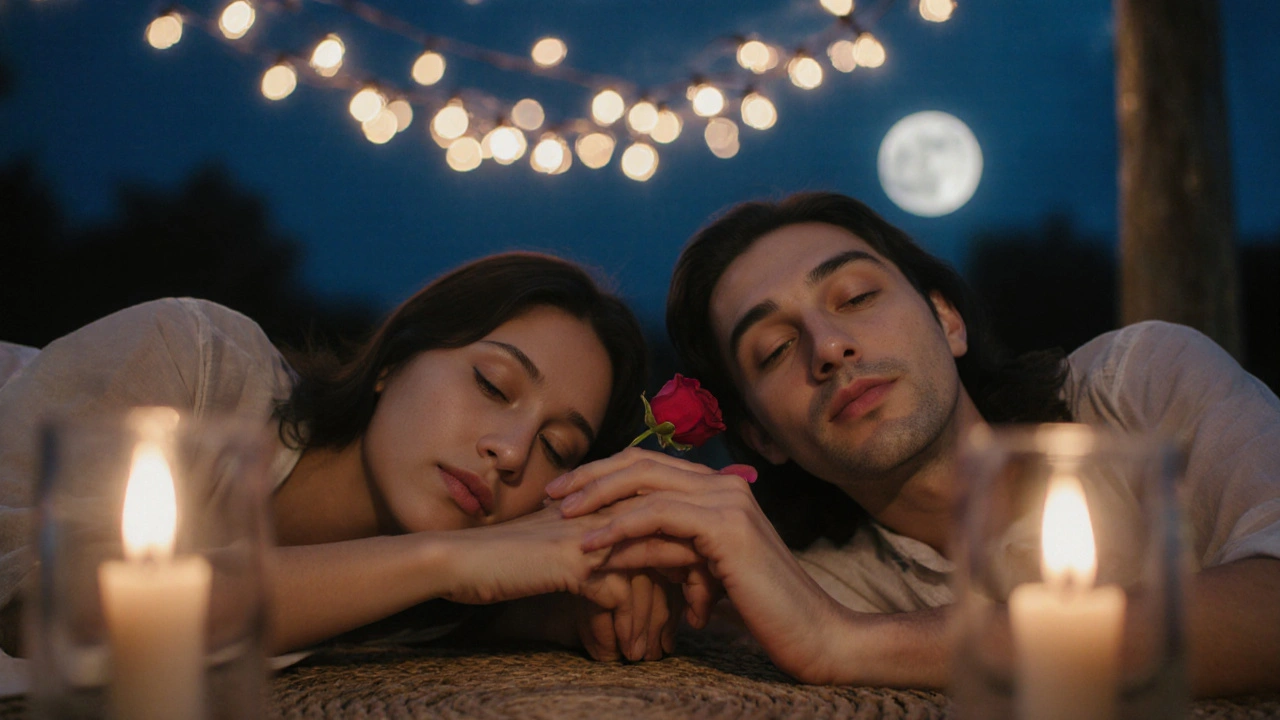 Dvojica sa po masáži spočíva v tichu, držiac sa za ruky pod svetlami.