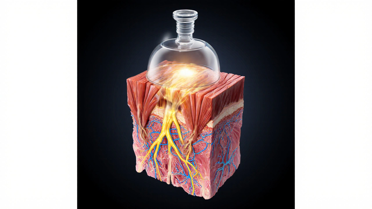 Konceptuálny náhľad vnútorného účinku vakuoterapie na svalové tkanivo.