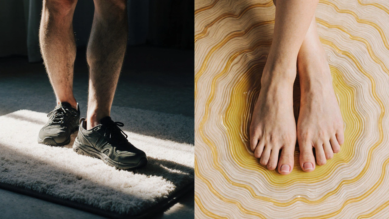 Kontrast medzi unavenými a uvoľnenými nohami, symbolizujúci obnovu cirkulácie.