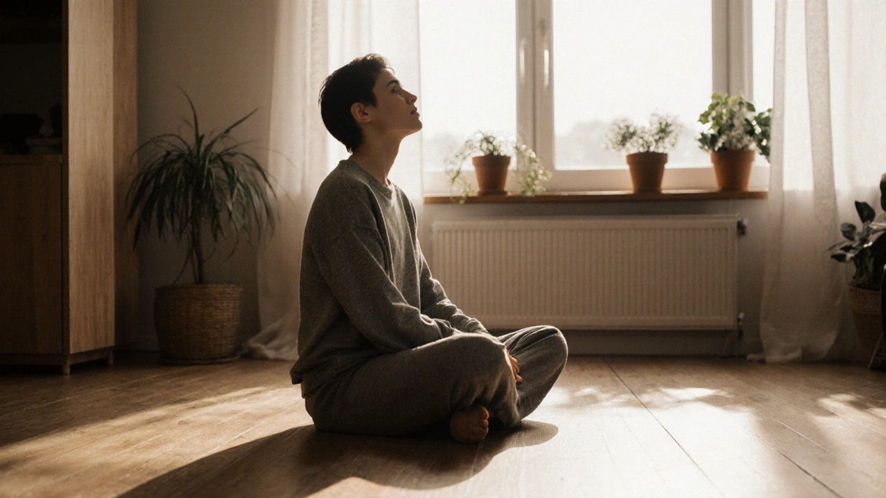 Osoba dýcha hlboko v klidnej, slnečnej miestnosti, zatvorené oči a uvoľnené telo.