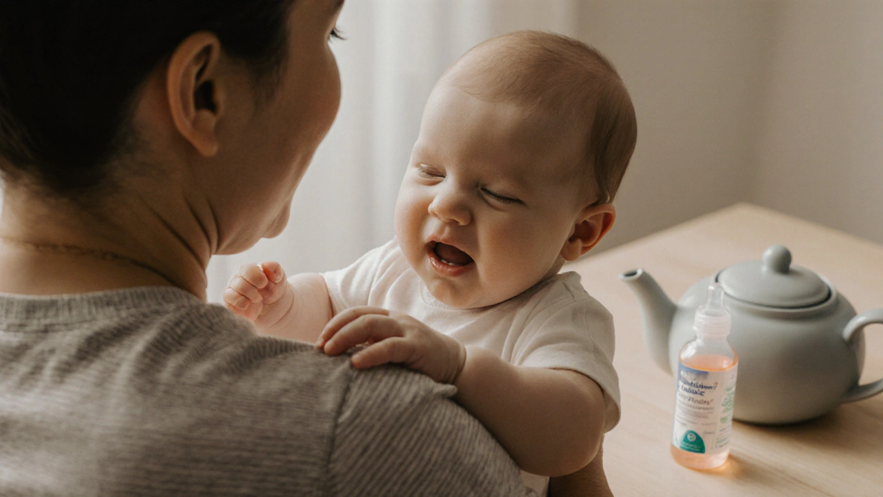 Rodič drží dieťa na chrbte po kŕmení a jemne hladá po chrbte.