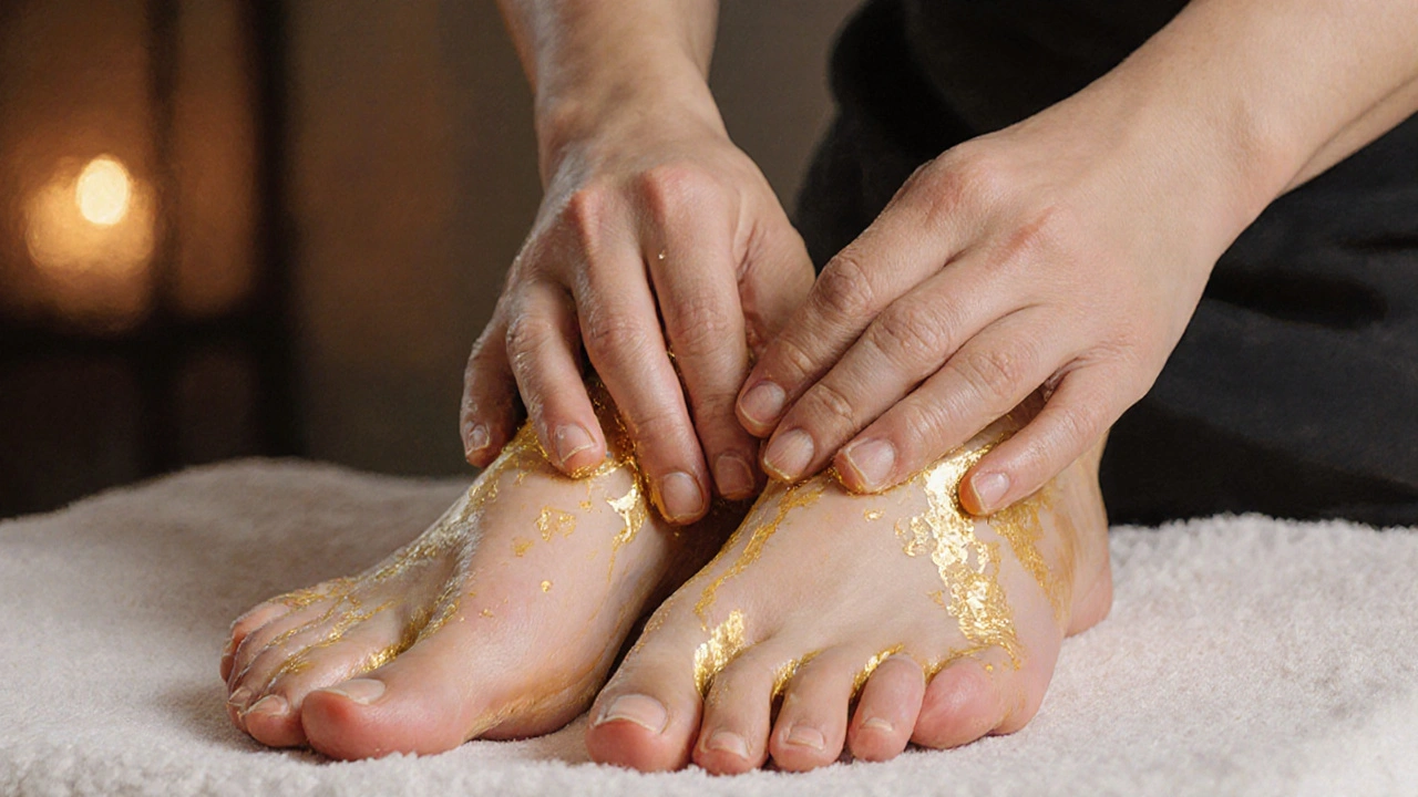 Ruky masírujú chodidlo s jemným leskom oleja, zamerané na bodové tlaky.