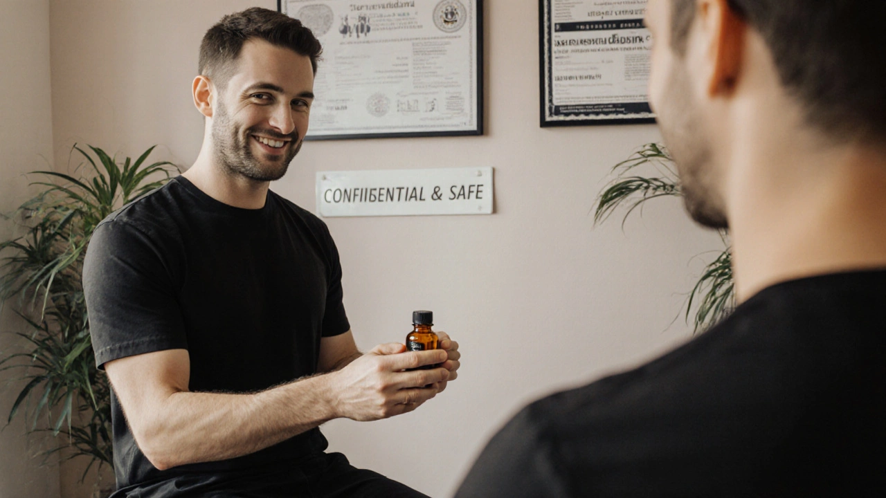 Terapeut v čistom prostredí vysvetľuje klientovi postup erotickéej masáže s viditeľnými licenciami na stene.