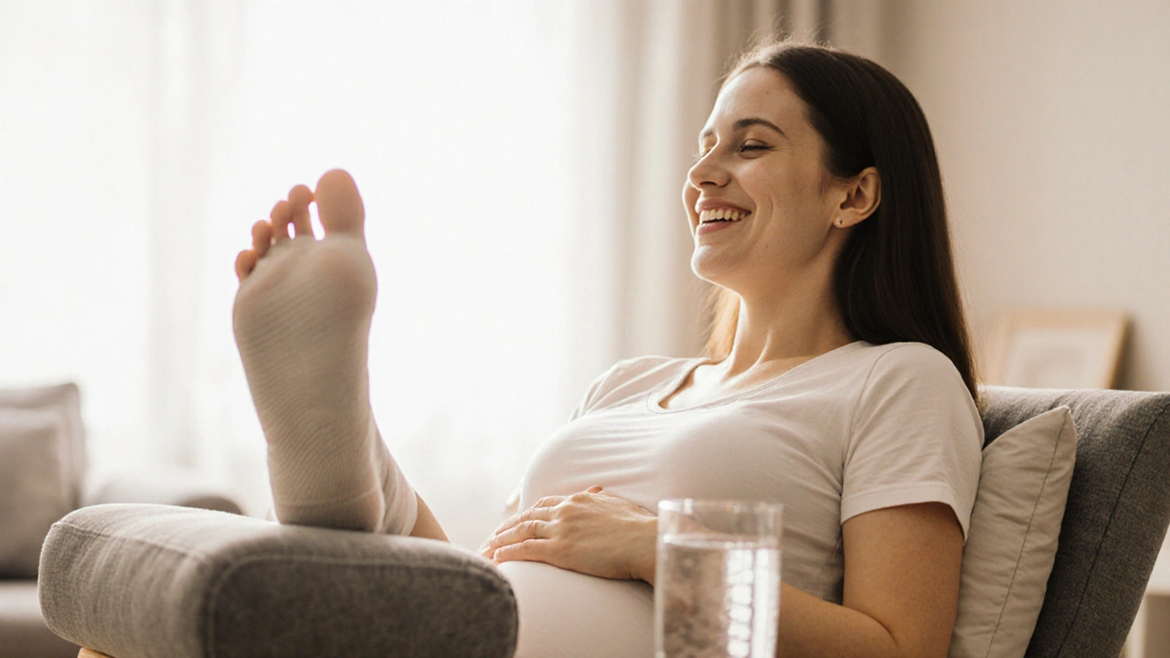 Težná žena po masáži, s nohami na podložke a kompresnými ponožkami, klidne sa usmieva.