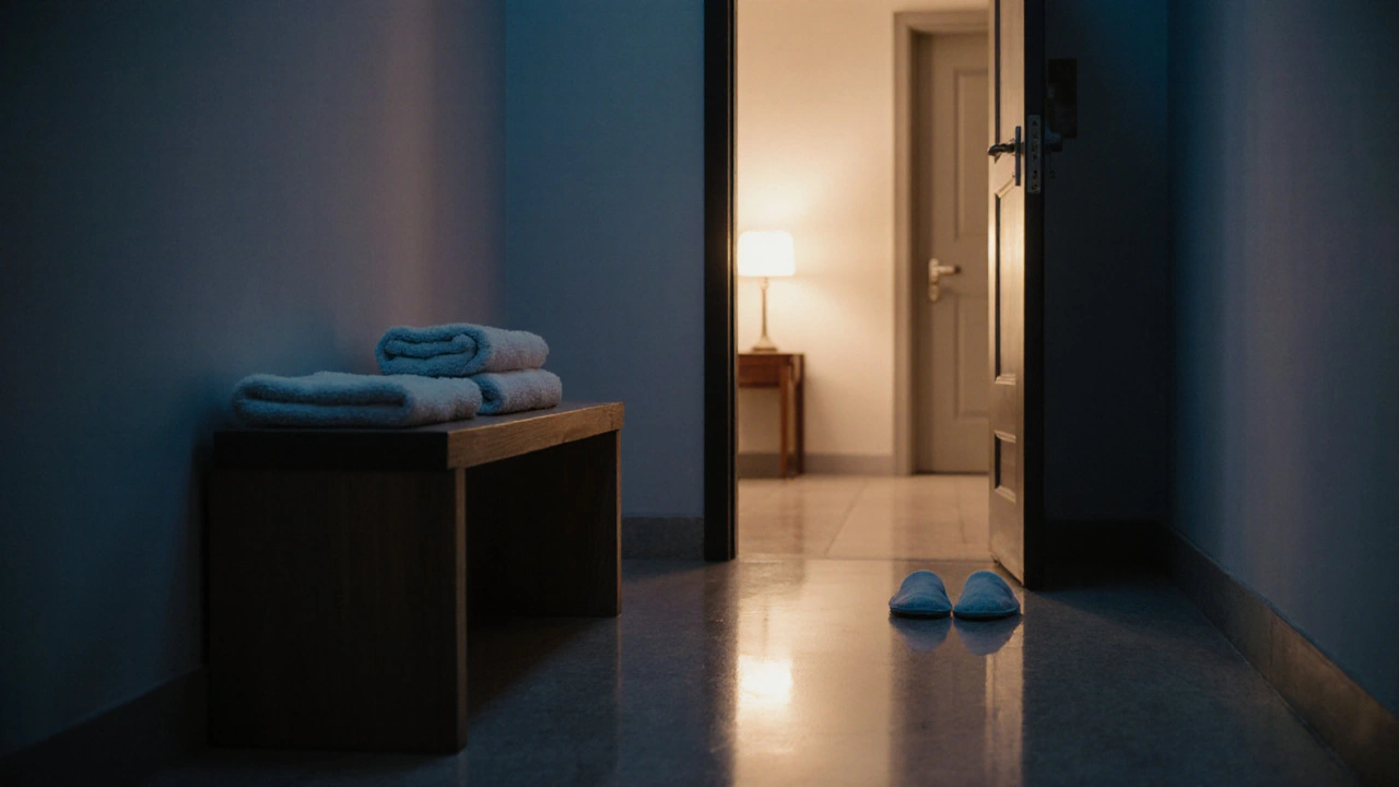Tichá chodba wellness centra v Prahe s obuvou a ručníkom na lavici, svetlo z miestnosti naznačuje bezpečnosť a súkromie.