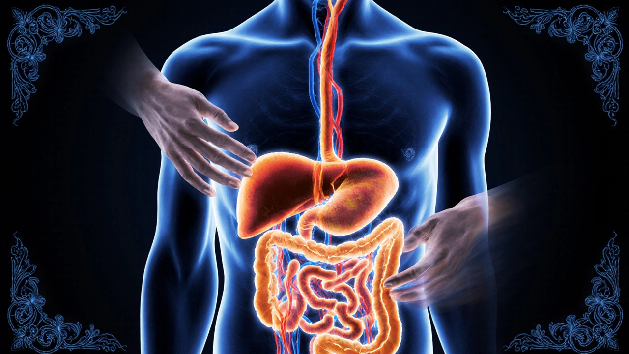 Ukážka ľudského brušného oblasti s vykresleným tokom krvi a lymfy pod vplyvom masáže.