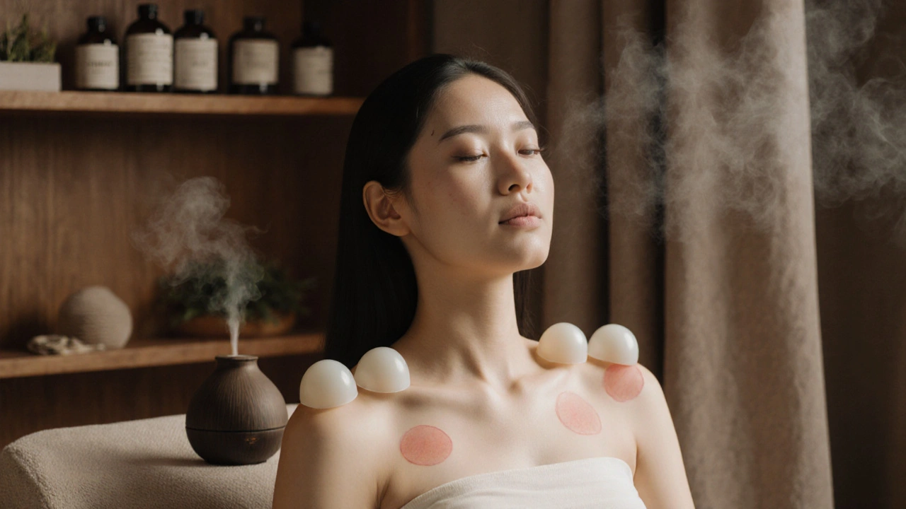 Žena si užíva vakuoterapiu na ramenách v klidnom spa prostredí.