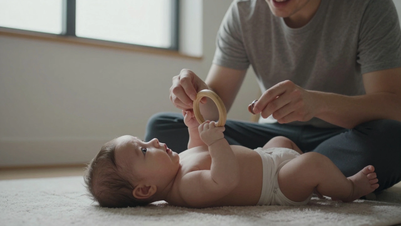 3-mesačné dieťa sleduje drevenú hračku pohybujúcu sa pred očami.
