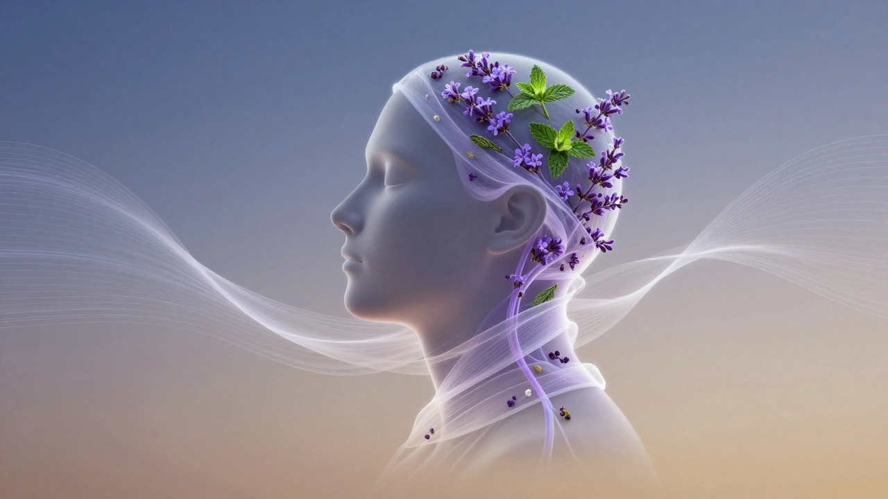 Abstraktný obraz hlavy obklopený prúdmi esenciálnych olejov ako znázornenie úľavy od migrény.