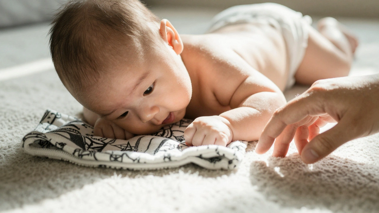 Dieťa leží na brušku a pomaly zdvíha hlavičku na mäkkom plaidi.