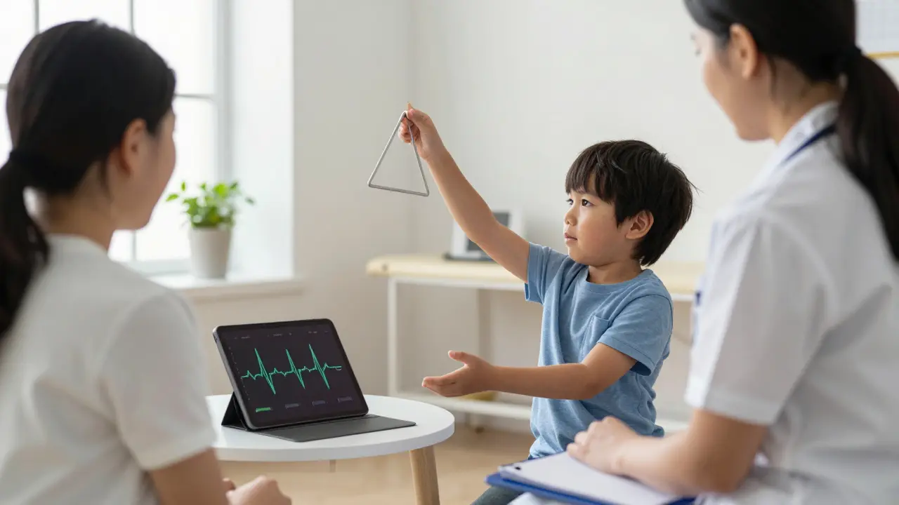 Dieťa s autizmom pomaly pohybuje rukami v taktu trianglu, terapeut ho pozoruje v tichom priestore.