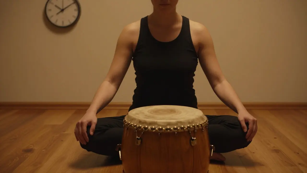 Dospelý sedí v klidu, ruky na kolene, s bubnom pred sebou — jeho telo uvoľňuje napätie v taktu.