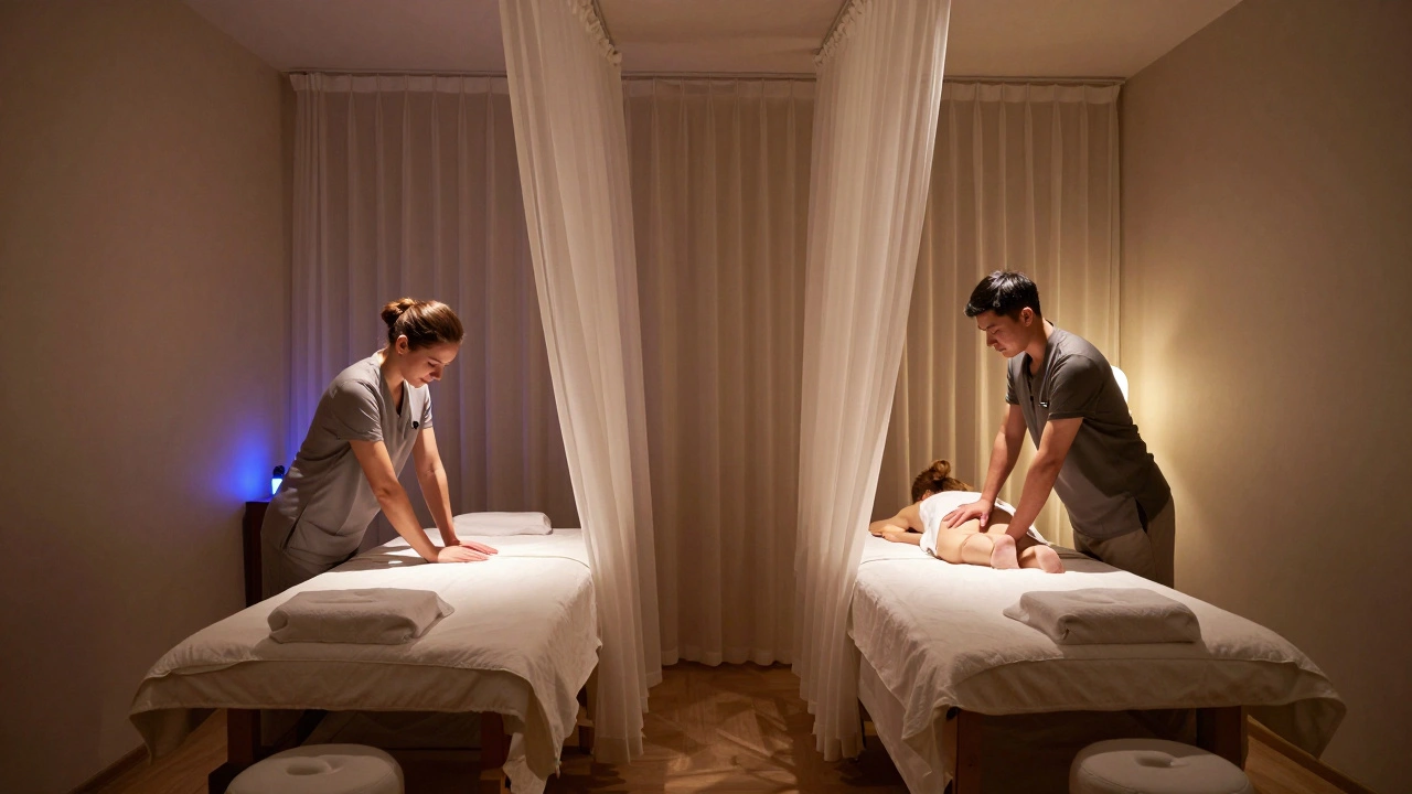 Dve masážne stoly oddelené jemnou závesou, kde páry zažívajú spojenie aj súkromie.