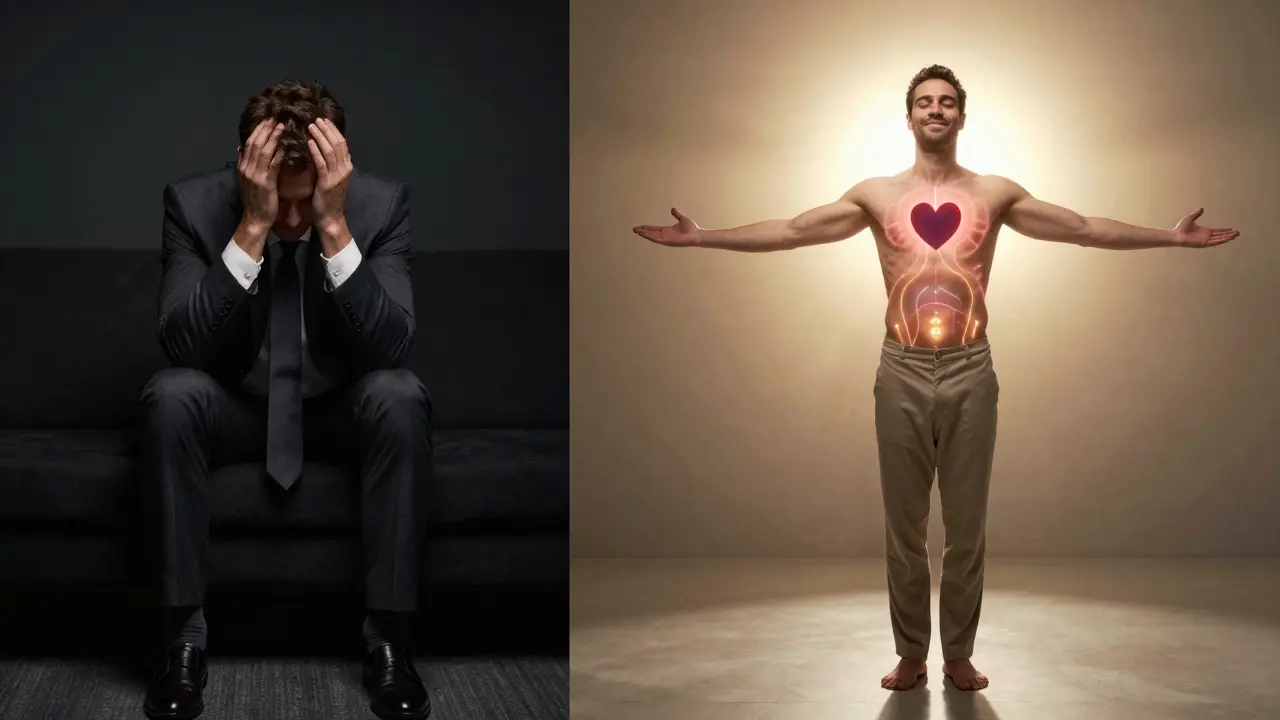 Dvojité zobrazenie muža: na jednej strane stresovaný, na druhej strane pokojný a osvobodený po masáži.