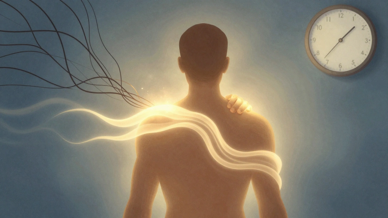 Koncepčný obraz uvoľnenia napätia: zlaté vlny rozptýľajú tmavé nitky stresu po tele.