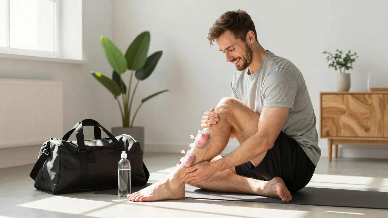 Muž sa rozťahuje po použití baňkovačky na stehne, viditeľné jemné znaky na koži.