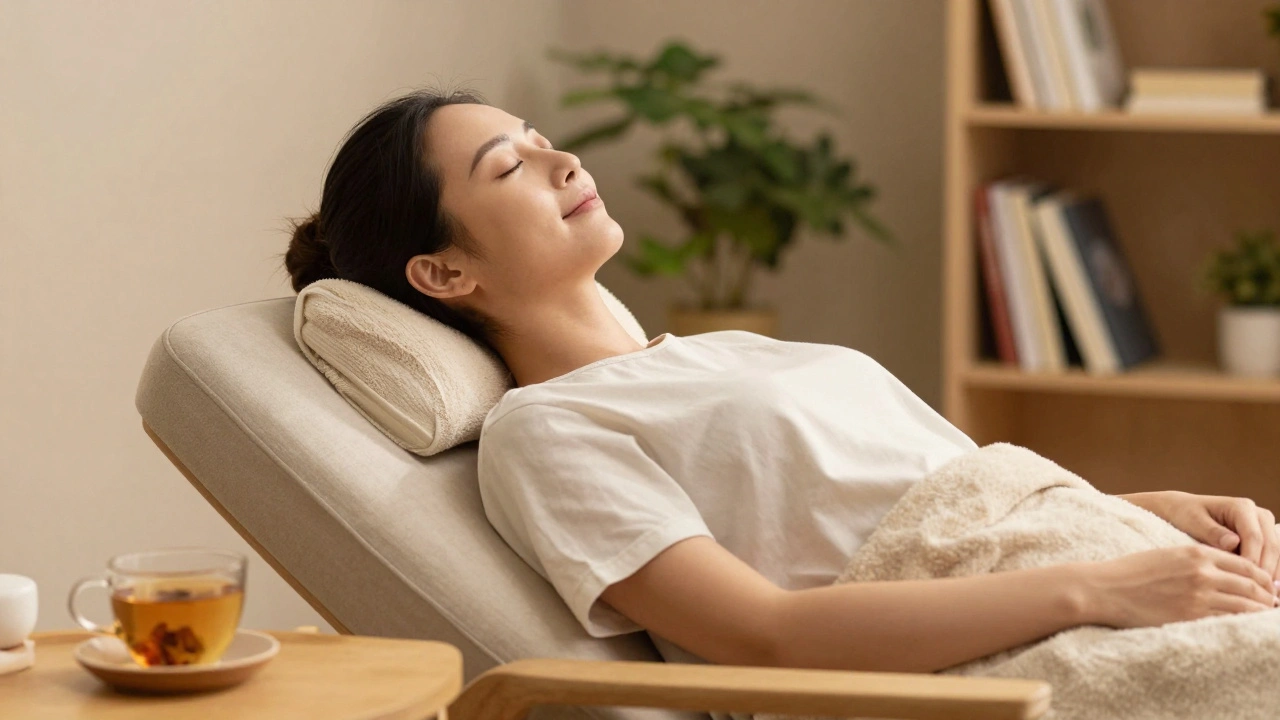 Osoba po masáži sedí v klidu s očami zatvorenými, viditeľne uvoľnená a pokojná.