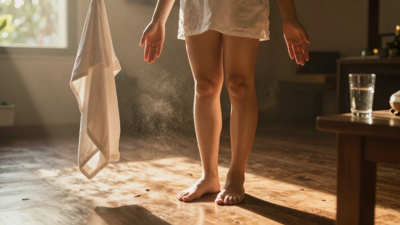 Osoba po tajskej masáži, stojí v pokoji, odkrýva pocity obnovy a pokojného uvoľnenia.