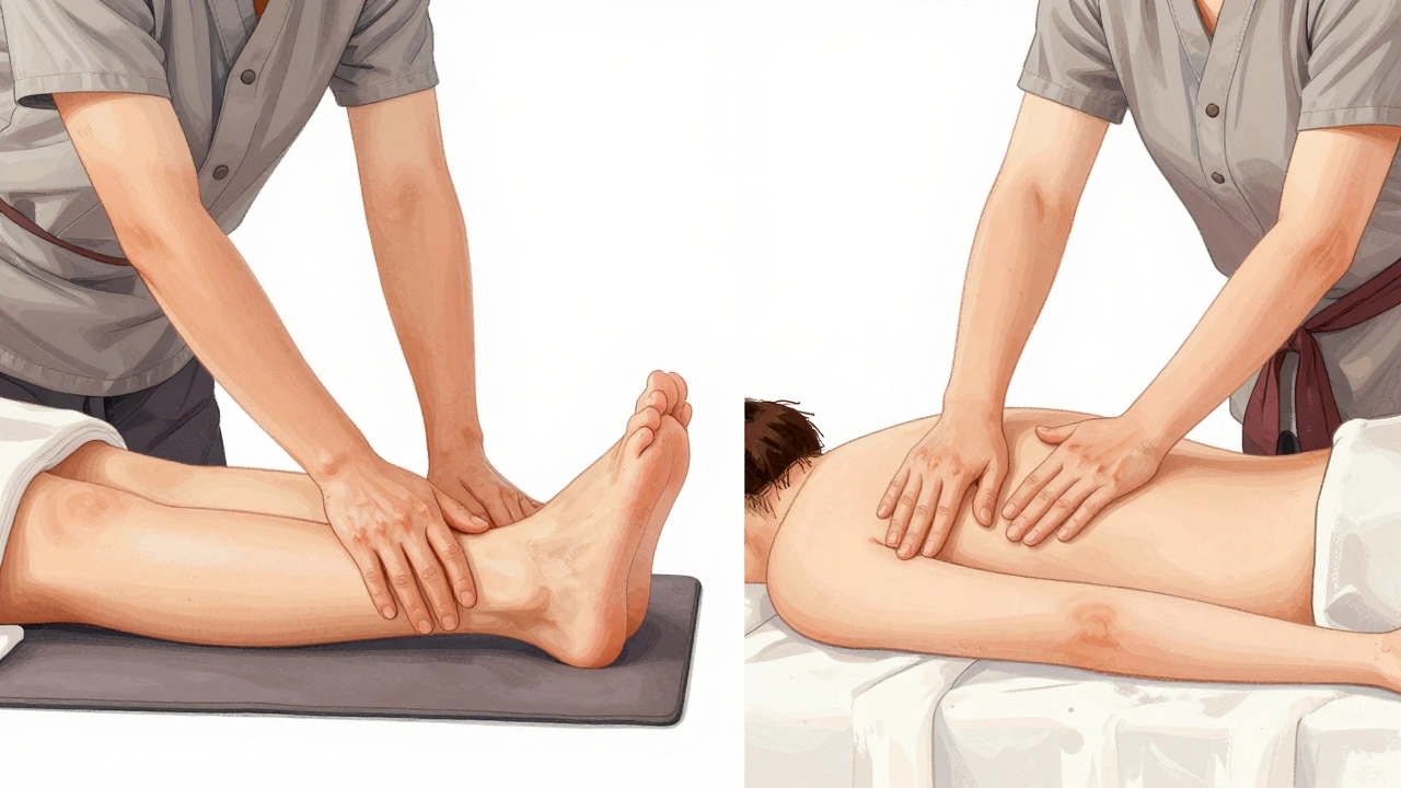 Porovnanie tajskej a švédskej masáže: jedna s natiahnutiami na mati, druhá s hladkými pohybmi na stole.