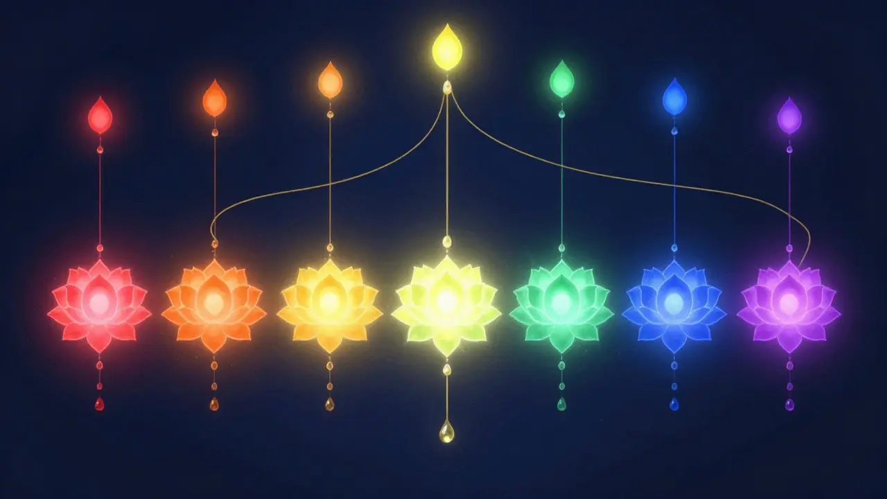 Sedem zářivých chakier v tvare lotosových kolies vystupuje pozdĺž chrbtice, spojených zlatými prúdmi energie.