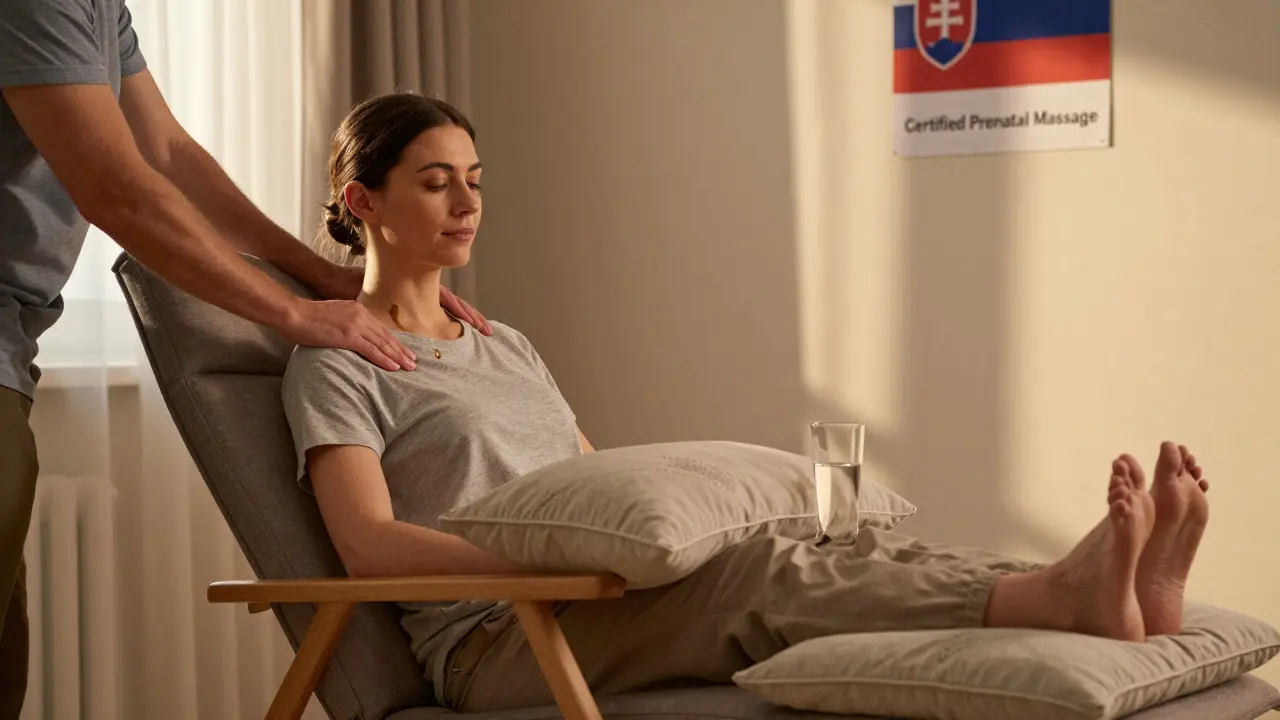 Težná žena doma s nohami zdvihnutými a partnerom, ktorý jemne masíruje jej ramená v teple večerného svetla.