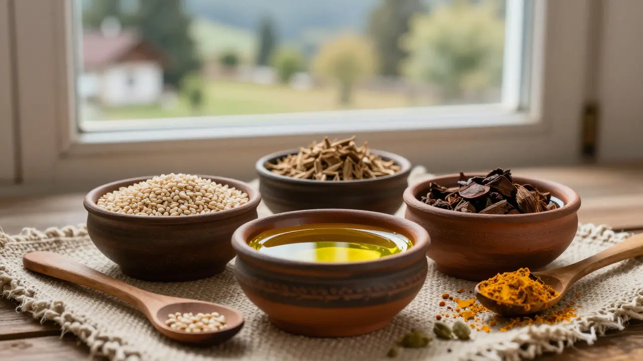 Tri druhy ayurvédskych olejov v hlinených misečkách s bylinkami na drevenom plátně pod mäkkým svetlom.