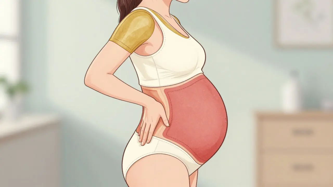 Ukážka bezpečných a nebezpečných oblastí na tehotnej žene v štýle medicínskej ilustrácie s farbami zlatého a červeného.