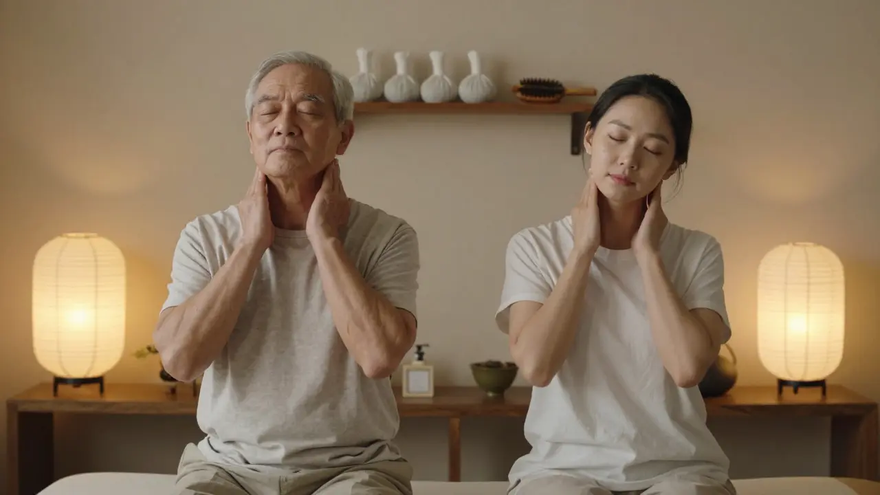 Dva ľudia cvičia akupresúru na krku v pokojnej terapeutické priestor.