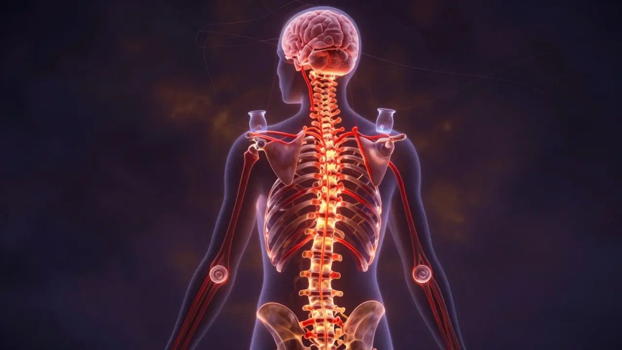 Ilustrácia chrbtice s tepelným tokom krvi a baňkami nad kľúčovými oblasťami, symbolizujúca zlepšený odtok a krvný oběh.