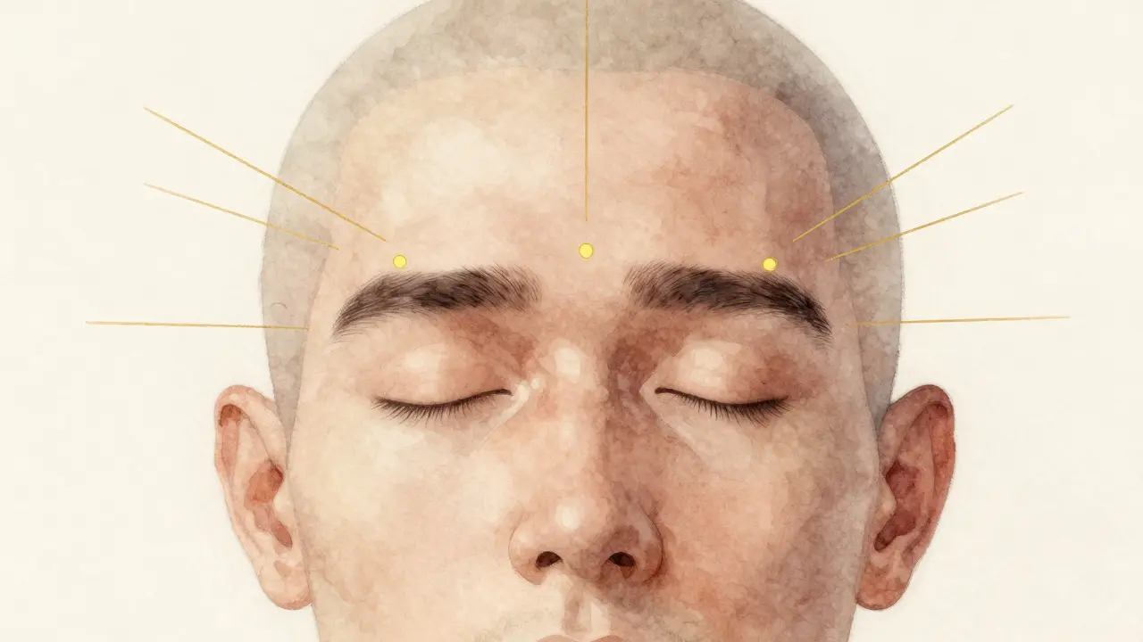 Ilustrácia troch kľúčových bodov na hlave a krku, kde sa uvoľňuje napätie.