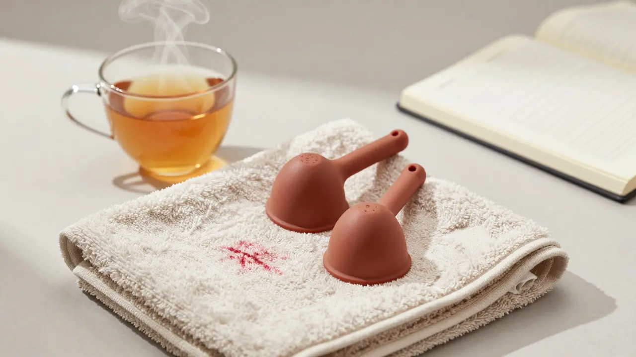 Moderné baňky na ručníku vedľa čaju a zatvoreného zošitu, jemná značka na látky, klidná atmosféra obnovy.