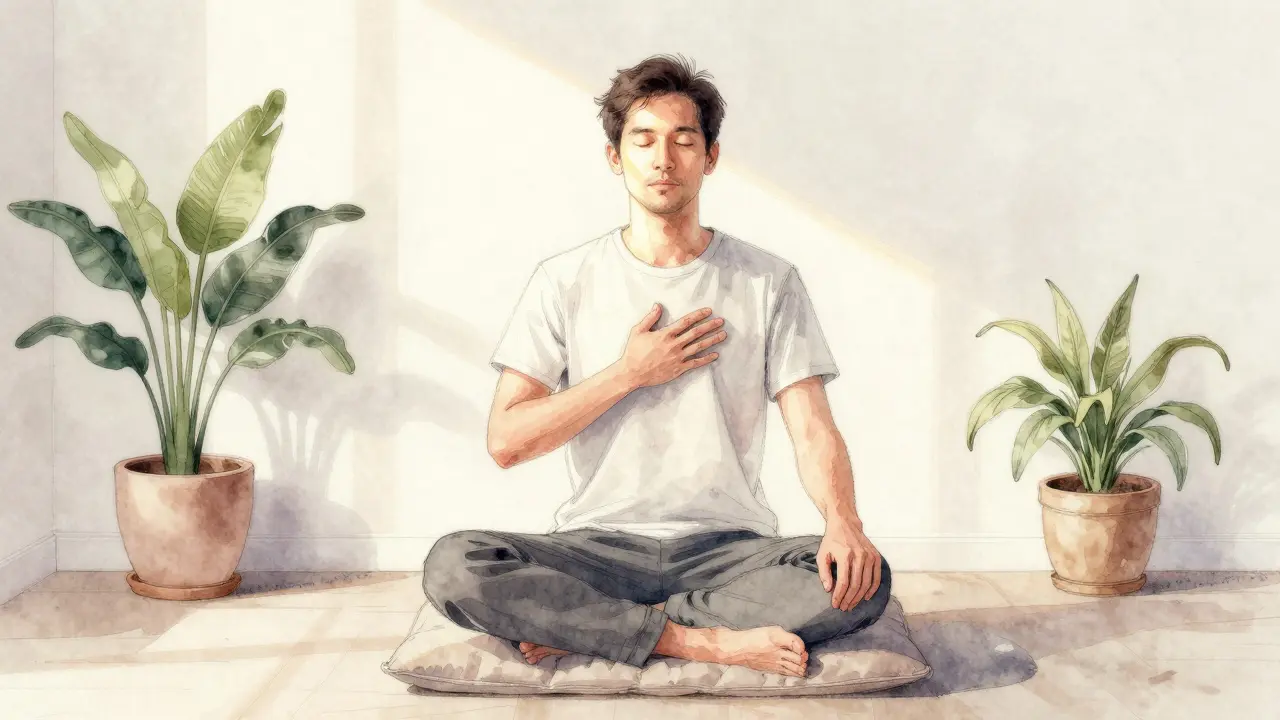 Muž sedí v klidu, oči zatvorené, ruka na srdci — symbol vnútorného spojenia bez potreby výkonu.