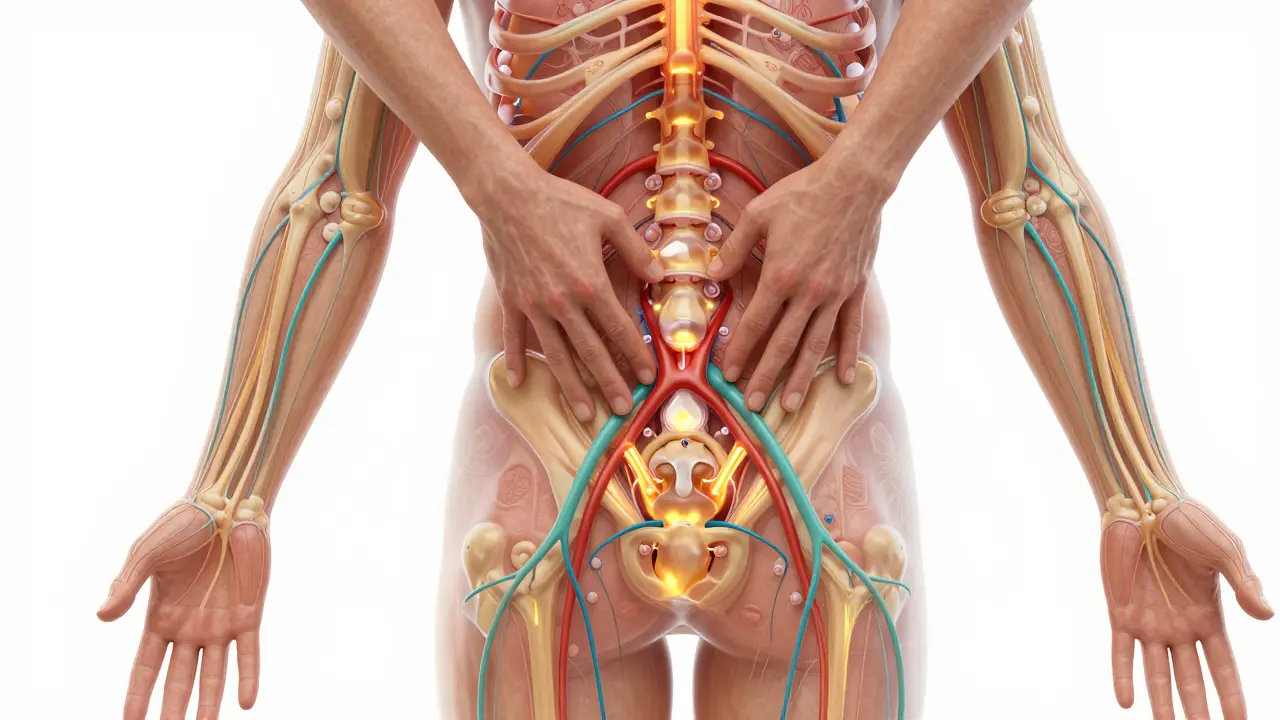 Prehľad ľudského tela s viditeľným tokom krvi a lymfy stimulovaným masážou.