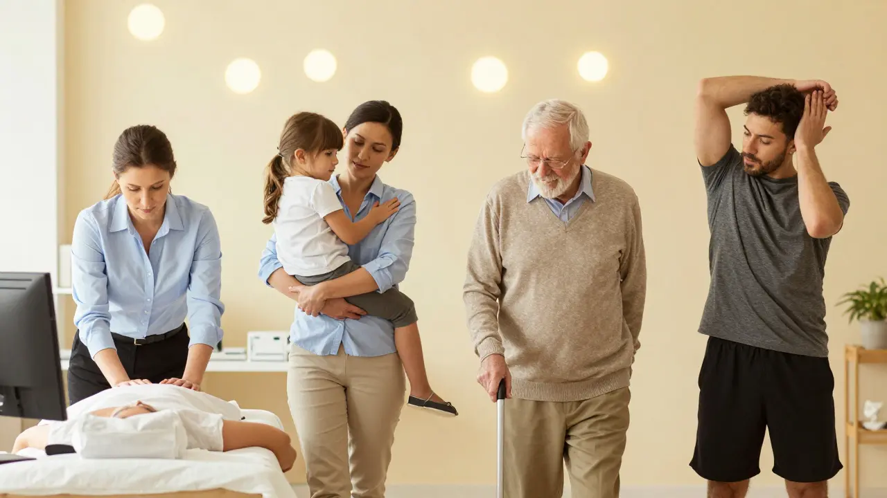 Rôzne ľudia — pracovník, rodič, starší človek a športovec — všetci dostávajú regeneračnú masáž.