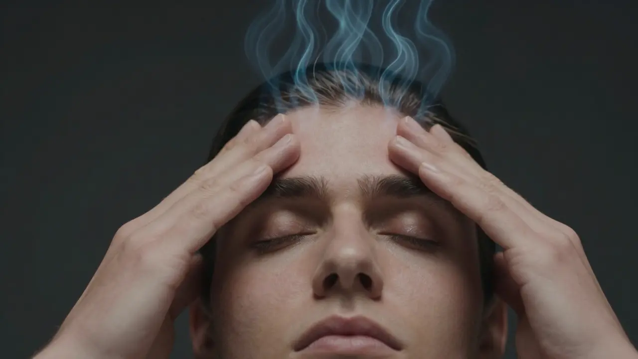 Ruka masíruje oblasť medzi obočím, s jemnými vlnami energie okolo hlavy.