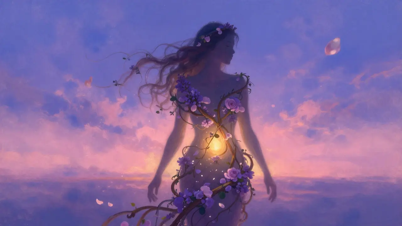 Silstvo ženy s prírodnými prvky okolo jej tela, symbolizujúce hojenie a obnovu.