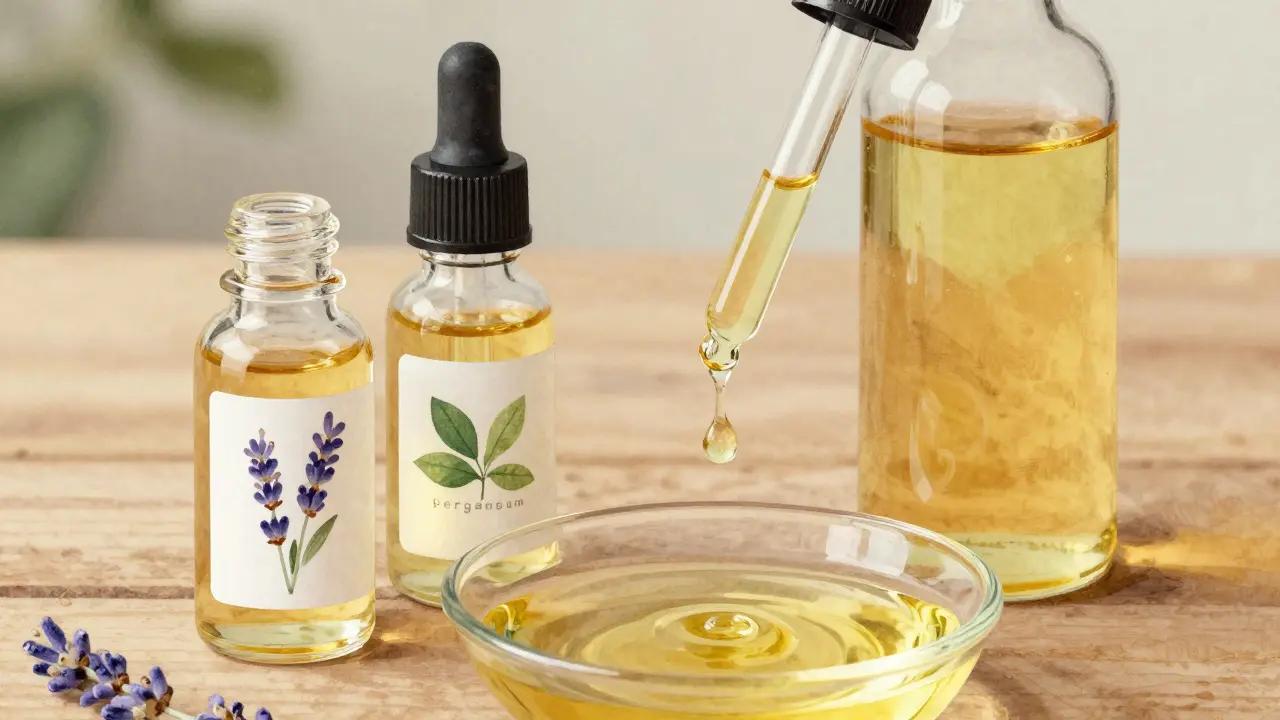 Tri fľašičky esenciálnych olejov a nosný olej na drevenom povrchu s kapkou oleja vo vzduchu.